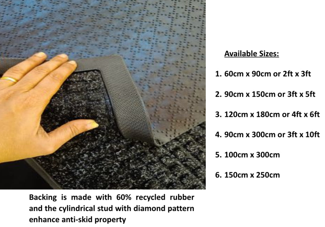 
                      
                        Hand holding a carpet sample with size options and recycled rubber backing details.
                      
                    