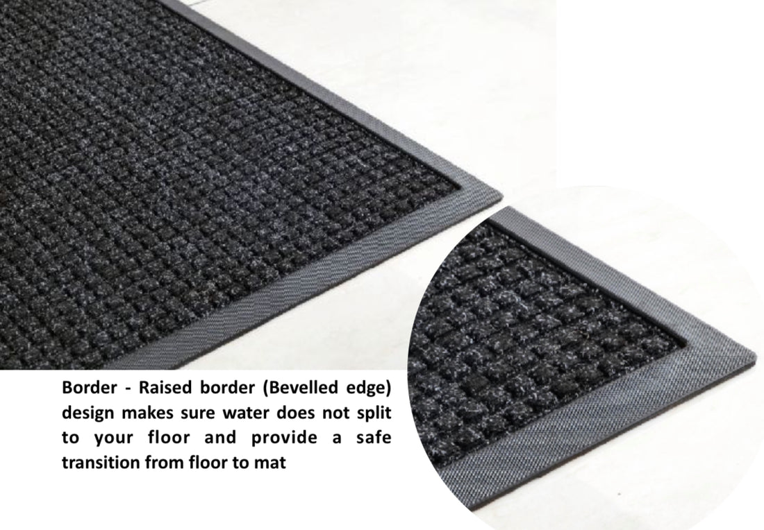 
                      
                        Two black entrance mats with raised borders on a white background.
                      
                    