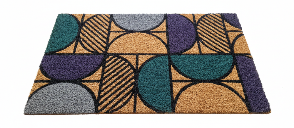 
                      
                        Geometric patterned doormat with colorful shapes on a white background
                      
                    