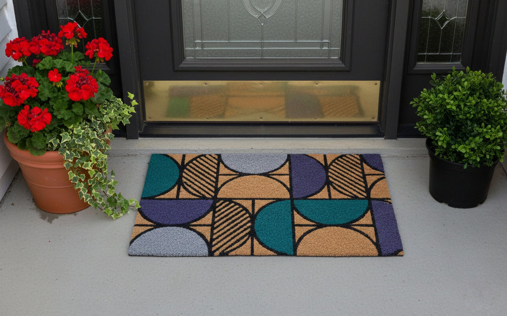 Colorful geometric-patterned doormat in front of a door with potted plants on either side.