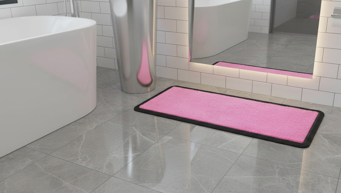 
                      
                        Pink bath mat on a bathroom floor with a bathtub and mirror in the background.
                      
                    