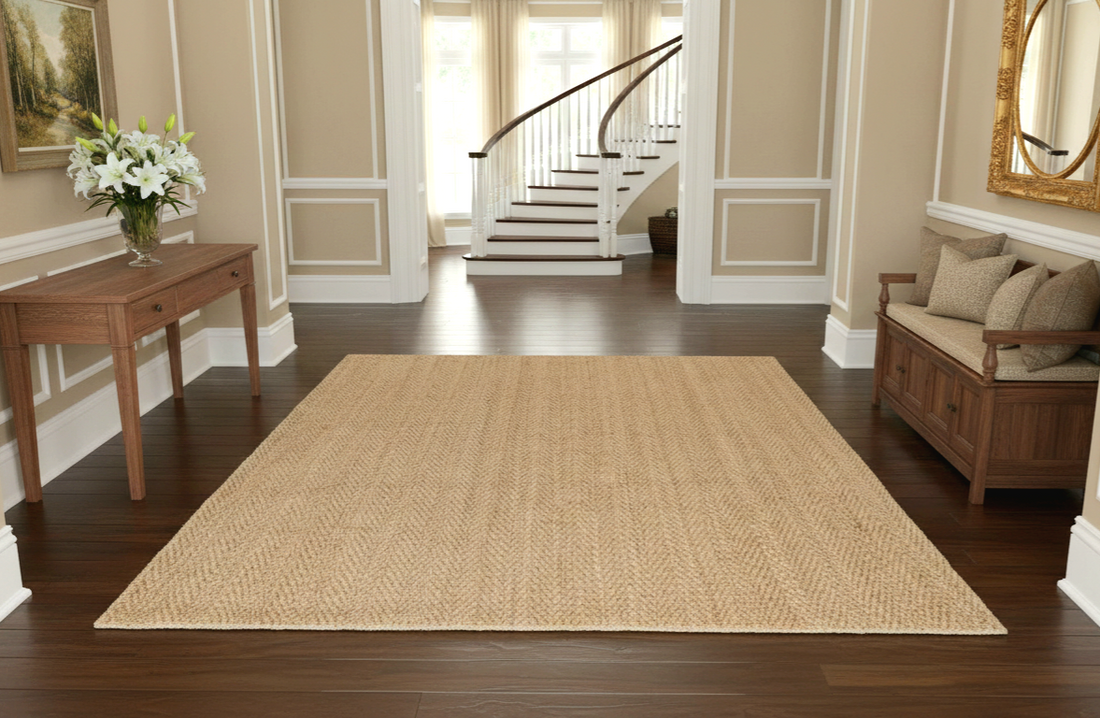 
                      
                        Beige rug on a wooden floor in a home interior setting with staircase and furniture.
                      
                    