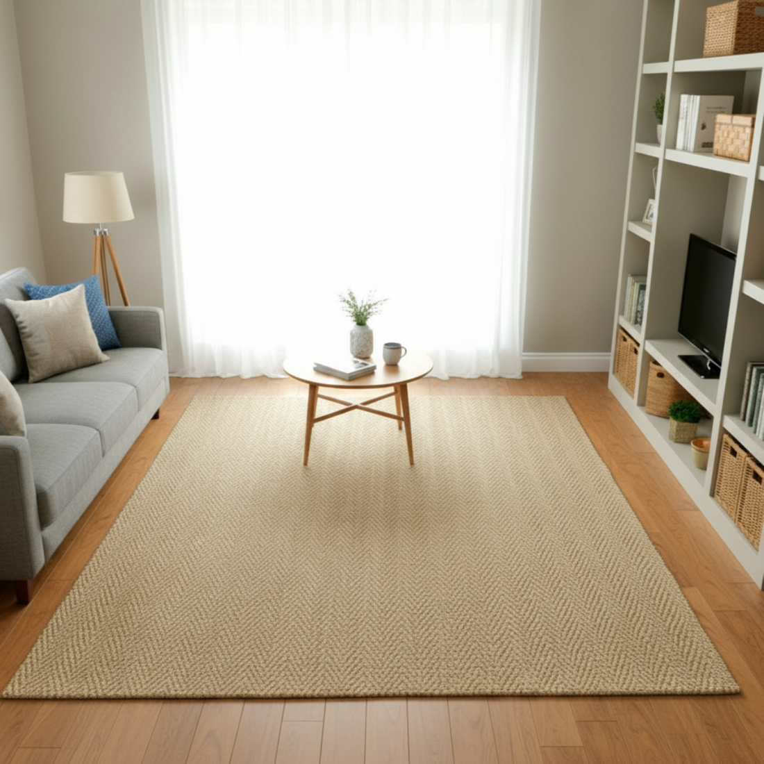Living room with a beige rug, gray sofa, and wooden coffee table.