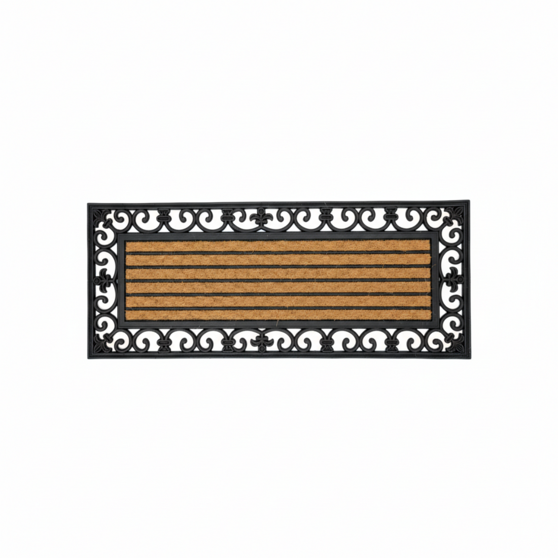 Decorative coir and rubber doormat with black border and white patterns on a white background
