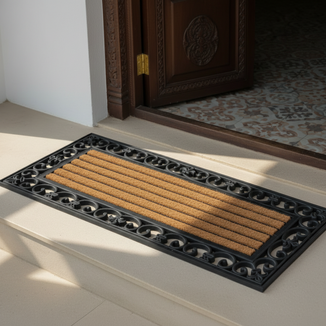 
                      
                        Doormat with decorative border on a light-colored floor
                      
                    