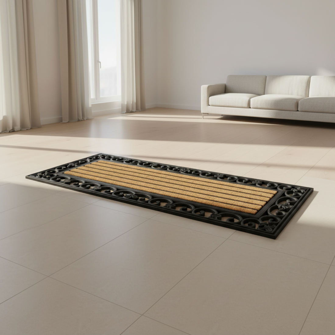 
                      
                        Decorative rug with geometric pattern on a wooden floor in a modern living room.
                      
                    