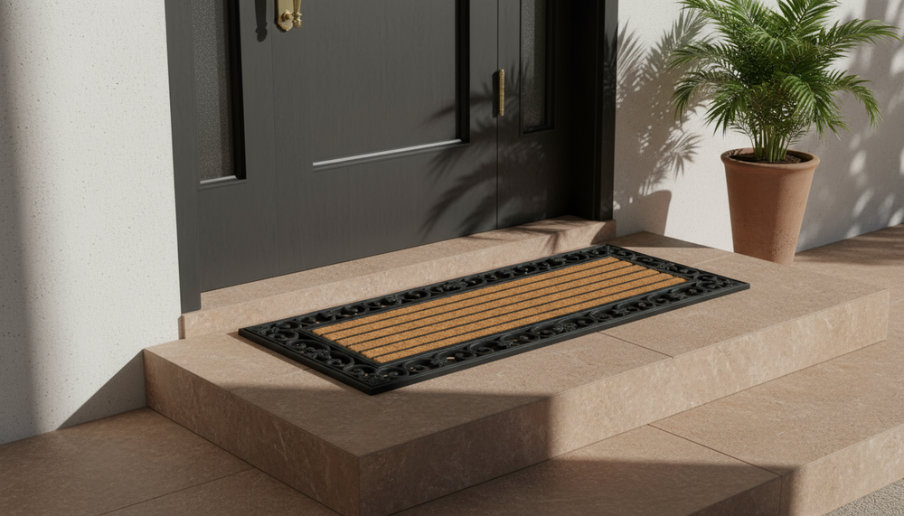 Doormat on a set of outdoor steps with a door in the background