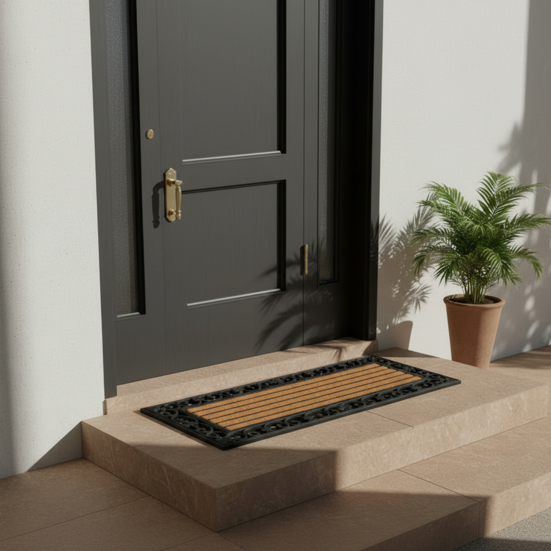Doormat on a set of outdoor steps with a door in the background