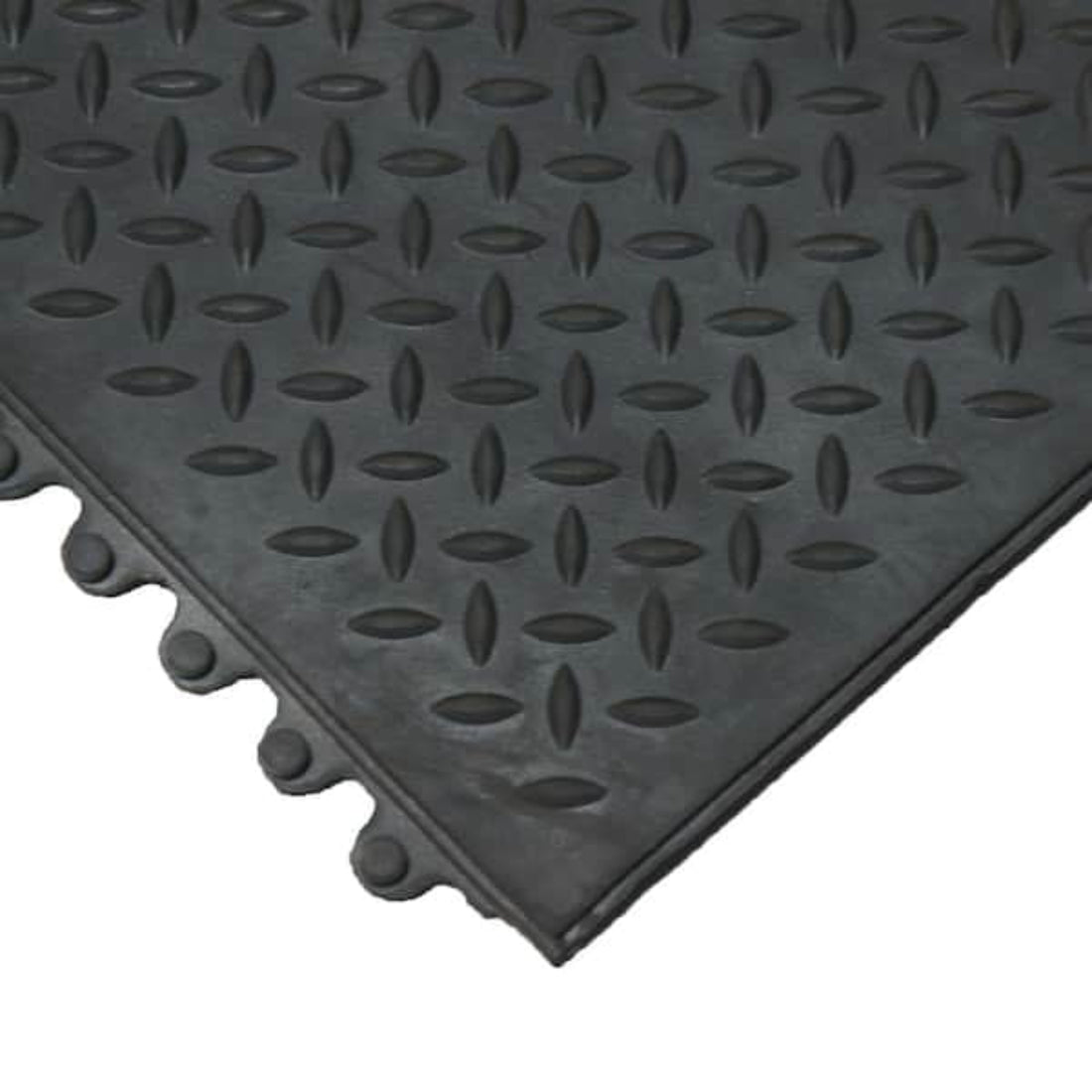 Black interlocking rubber mat with diamond plate pattern