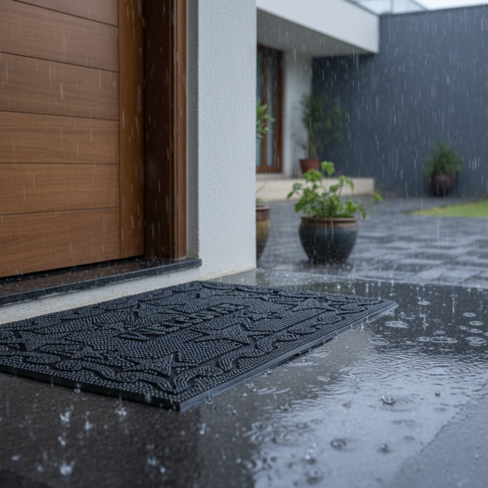 Black rubber pin doormat in front of a modern house entrance during rain.