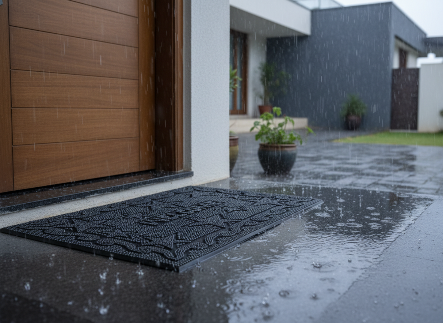 Black rubber pin doormat in front of a modern house entrance during rain.