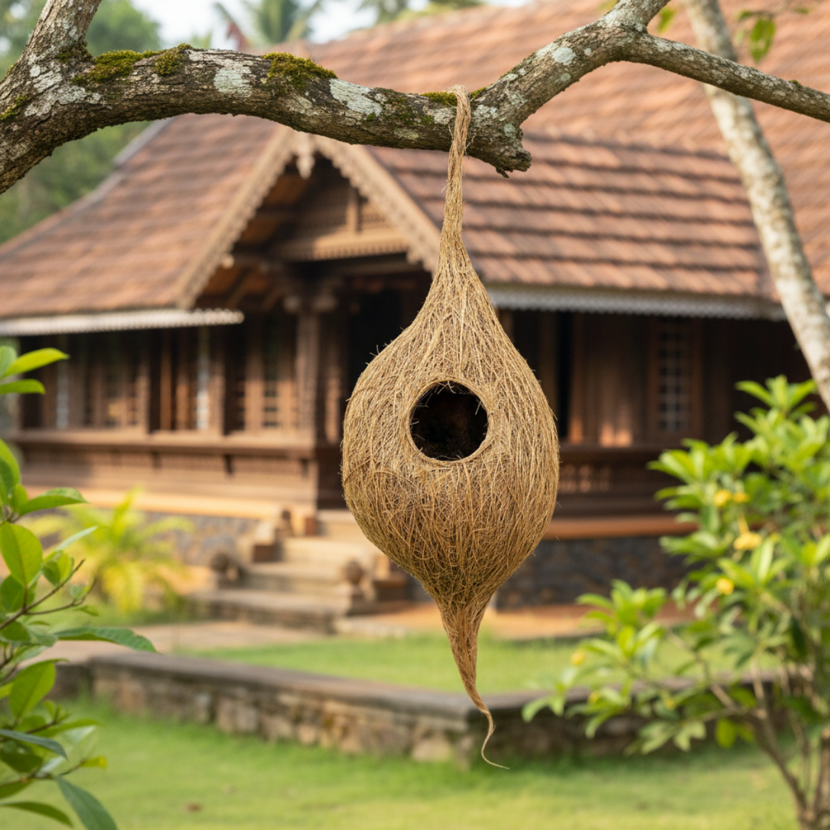 Handmade woven birdhouse hanging from a tree branch with traditional  house in the background