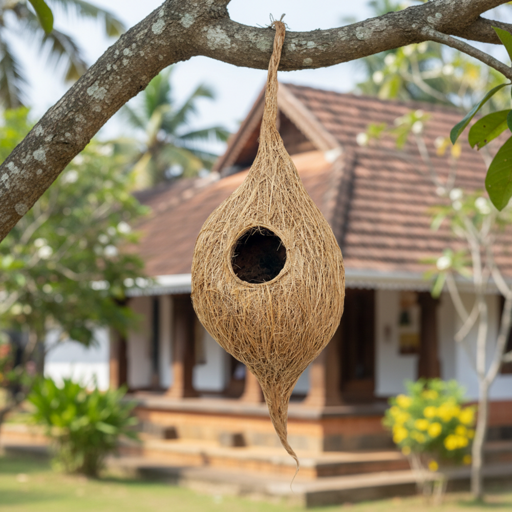 Handmade woven bird nest hanging from a tree branch with a blurred house in the background.