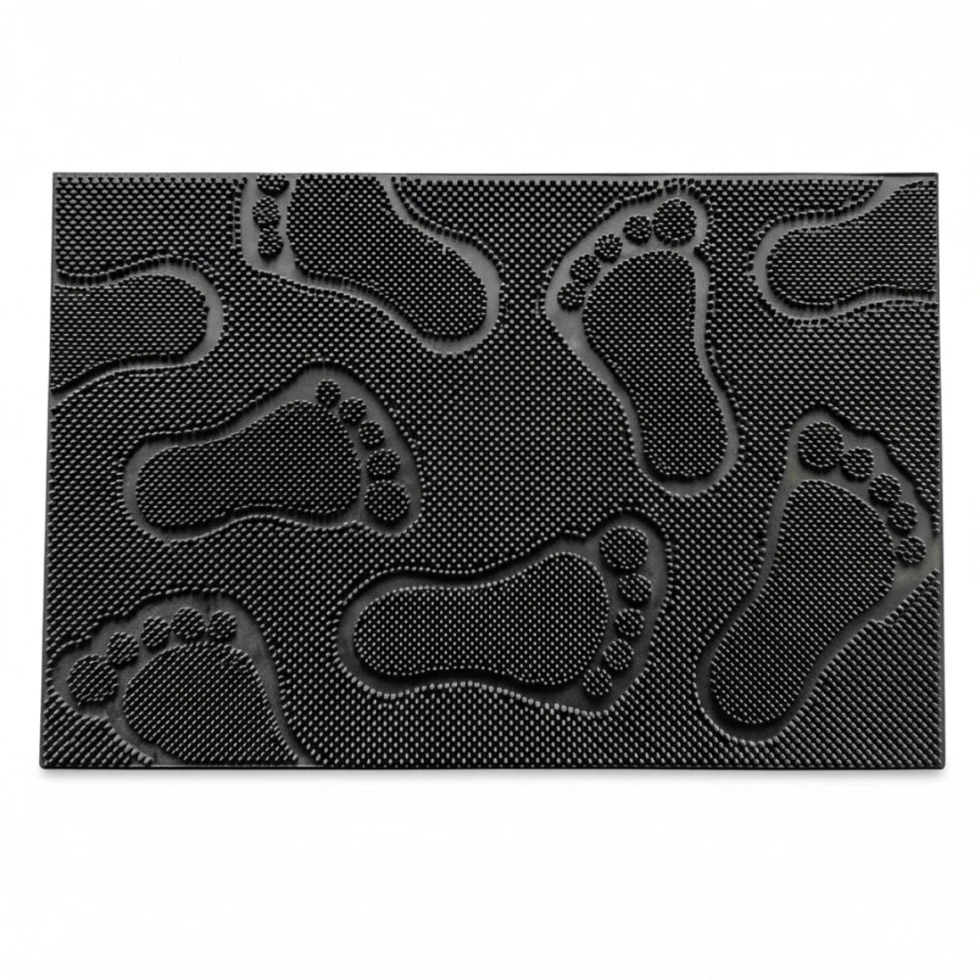 Black doormat with footprints pattern on a white background