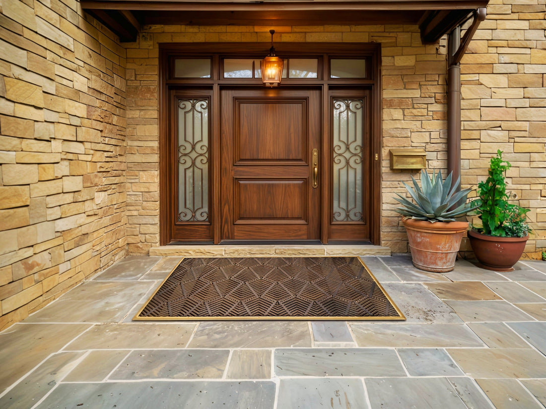 
                      
                        Wooden front door with glass sidelights on a stone wall, featuring a doormat and potted plants.
                      
                    