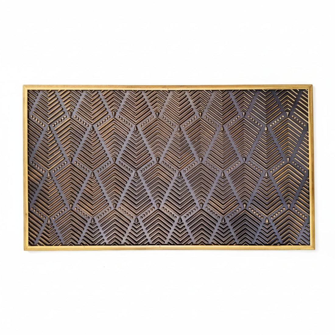 Decorative metal screen with geometric pattern and gold frame