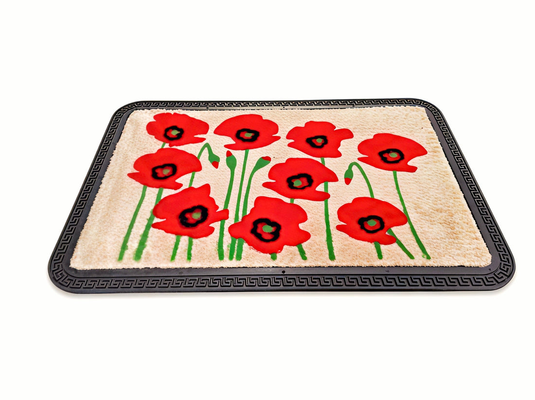 
                      
                        Doormat with red poppy flower design on a beige background
                      
                    