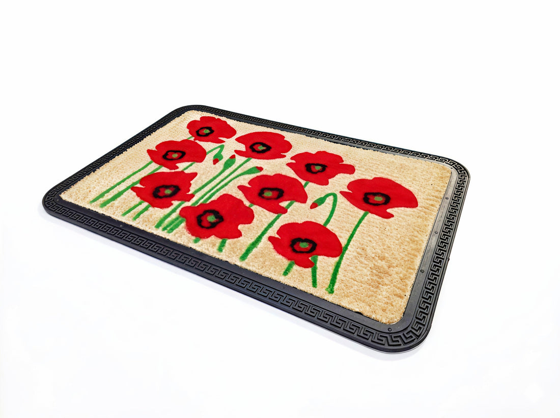 
                      
                        Doormat with red flower design on a white background
                      
                    