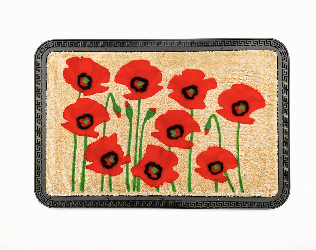Doormat with red poppy flower design on a beige background