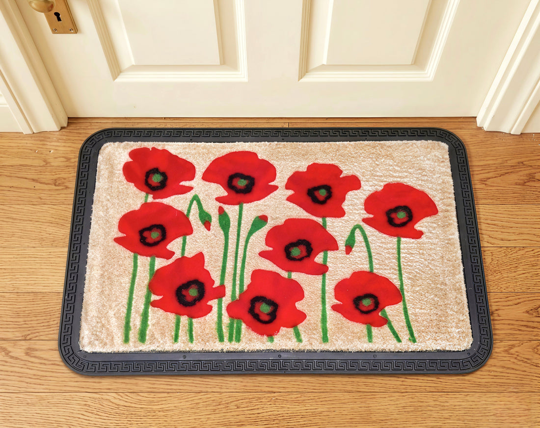 OnlyMat Red Poppies Flocked PP Mat with Anti-Slip Backing-  Beige