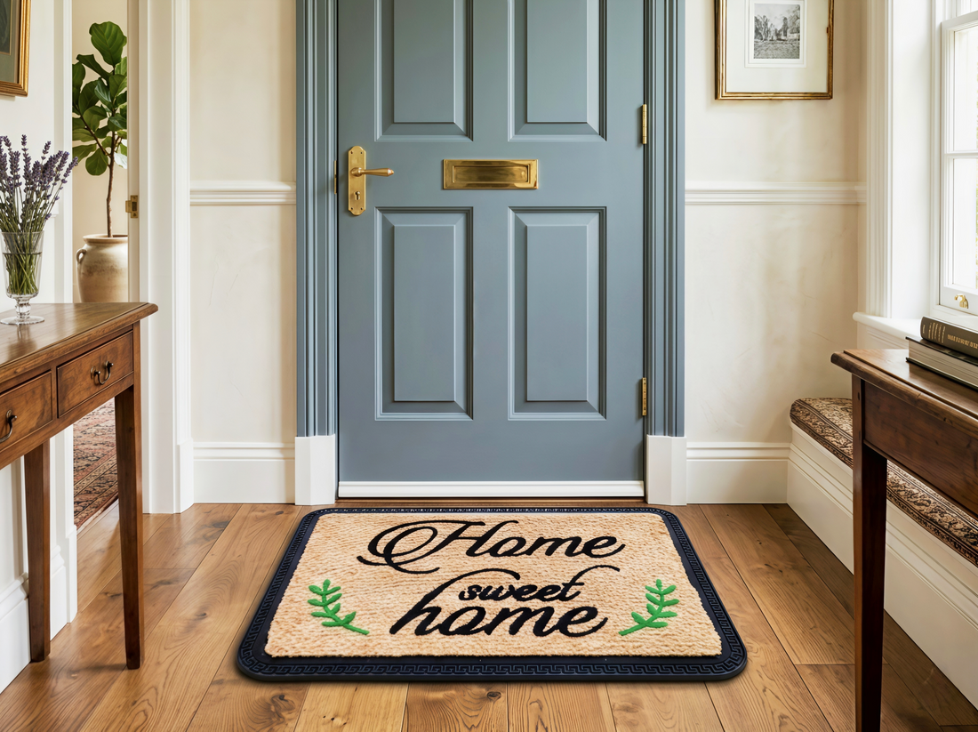 
                      
                        Front door with a 'Home sweet home' doormat in a well-lit hallway.
                      
                    