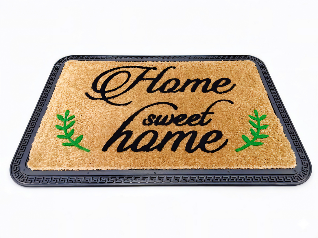 
                      
                        Doormat with 'Home sweet home' text on a beige background
                      
                    