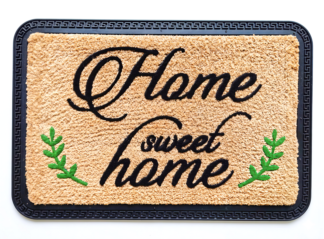 Doormat with 'Home sweet home' text on a white background