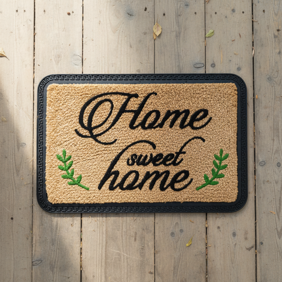 Doormat with 'Home sweet home' text on a wooden floor