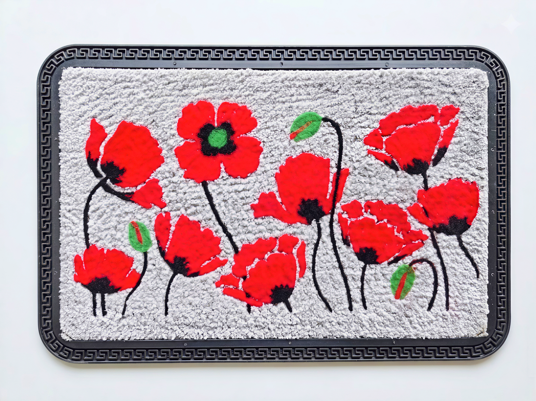 
                      
                        Doormat with red floral design on a white background
                      
                    