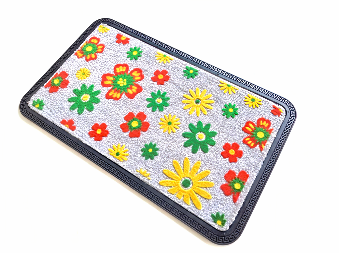 
                      
                        Floral patterned doormat with colorful flowers on a white background
                      
                    
