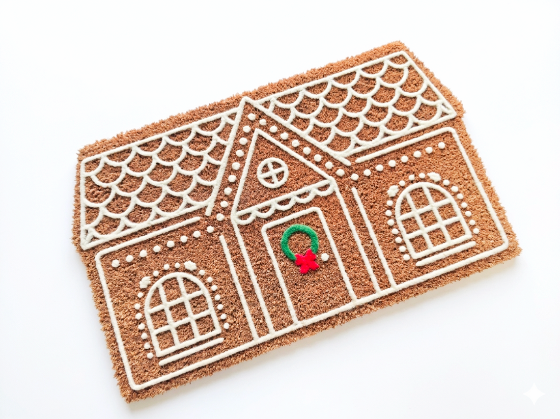
                      
                        Gingerbread house-shaped doormat with a white background
                      
                    