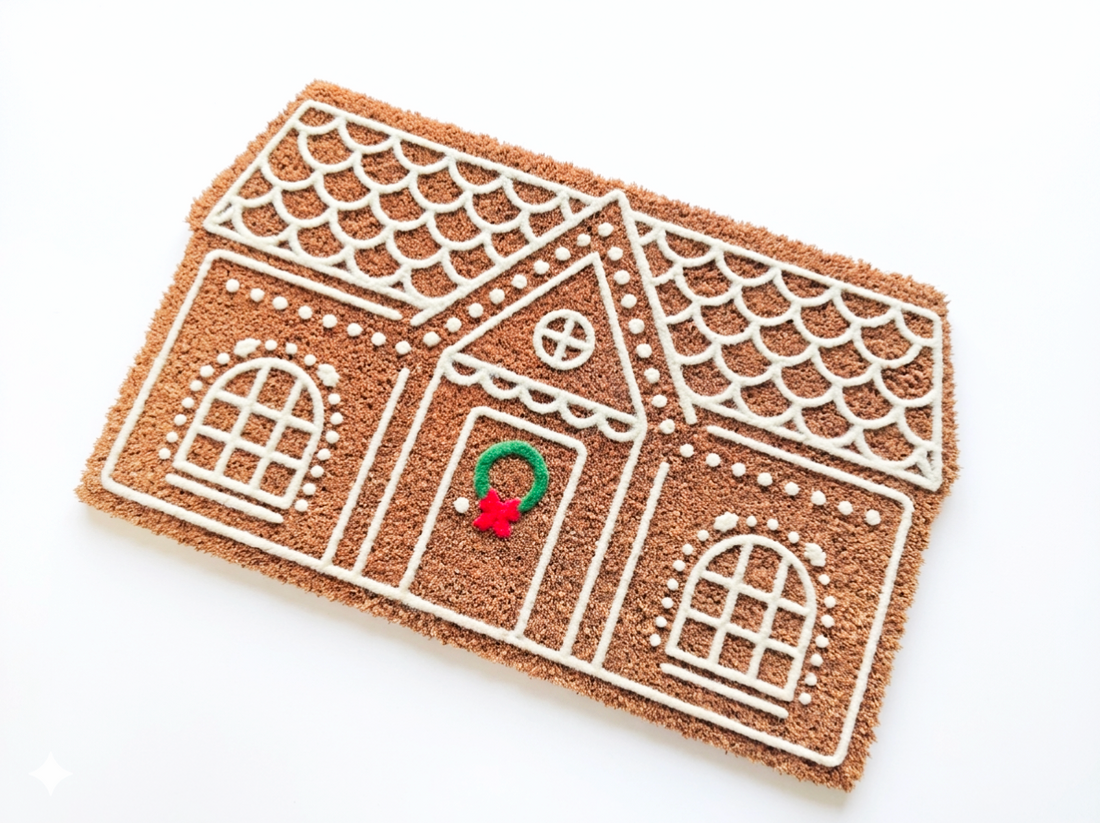 
                      
                        Doormat shaped like a gingerbread house with a wreath on a white background
                      
                    