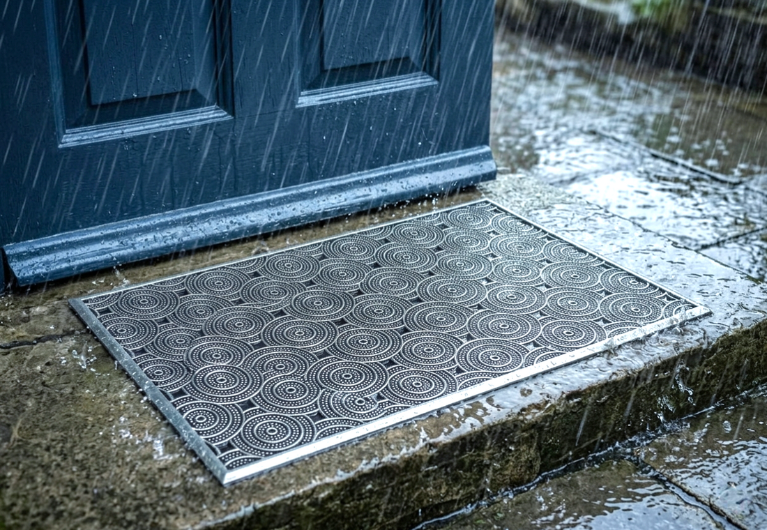 Doormat with circular pattern on a wet stone step in front of a blue door.