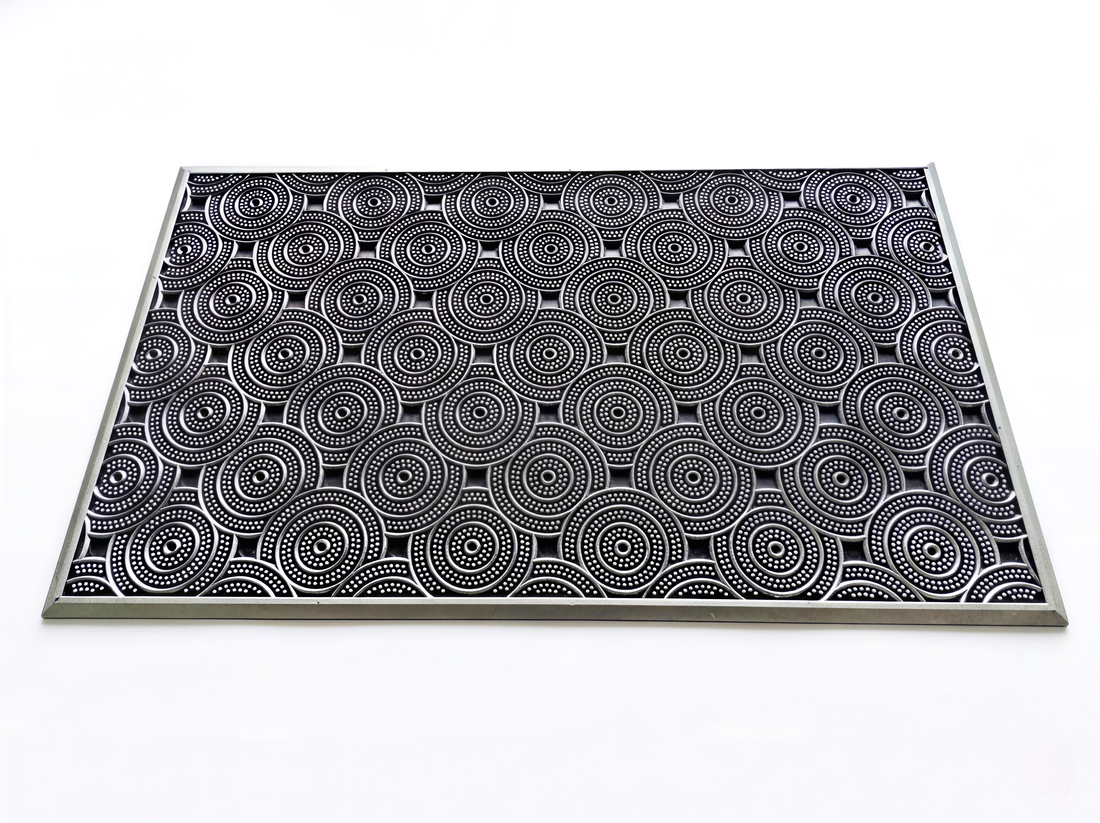 
                      
                        Black and white patterned mat on a white background
                      
                    
