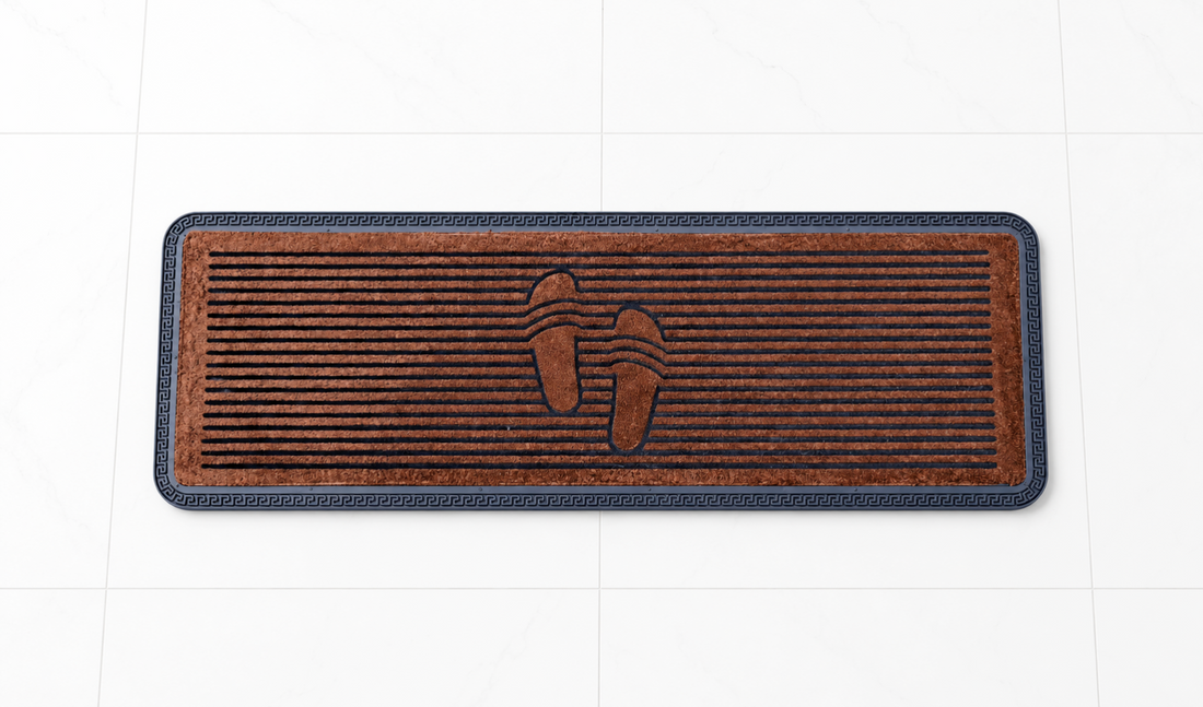 
                      
                        Doormat with shoe prints on a white tiled floor
                      
                    
