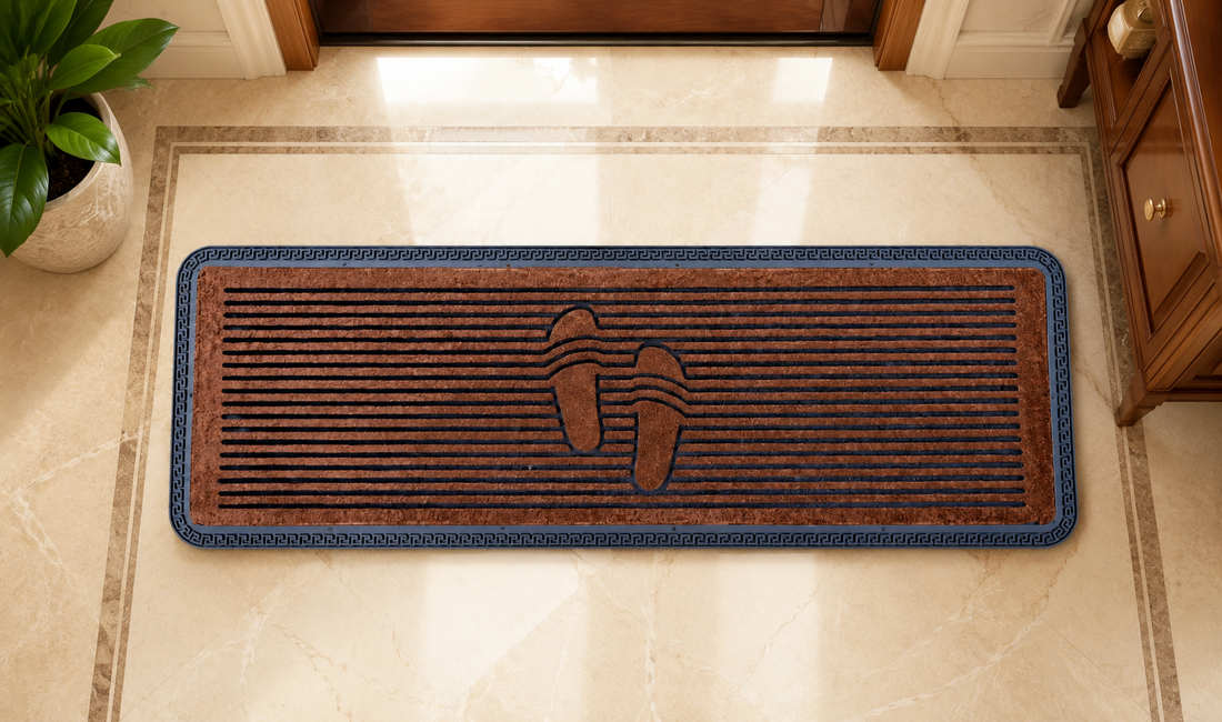 
                      
                        Doormat with shoe design on a tiled floor
                      
                    