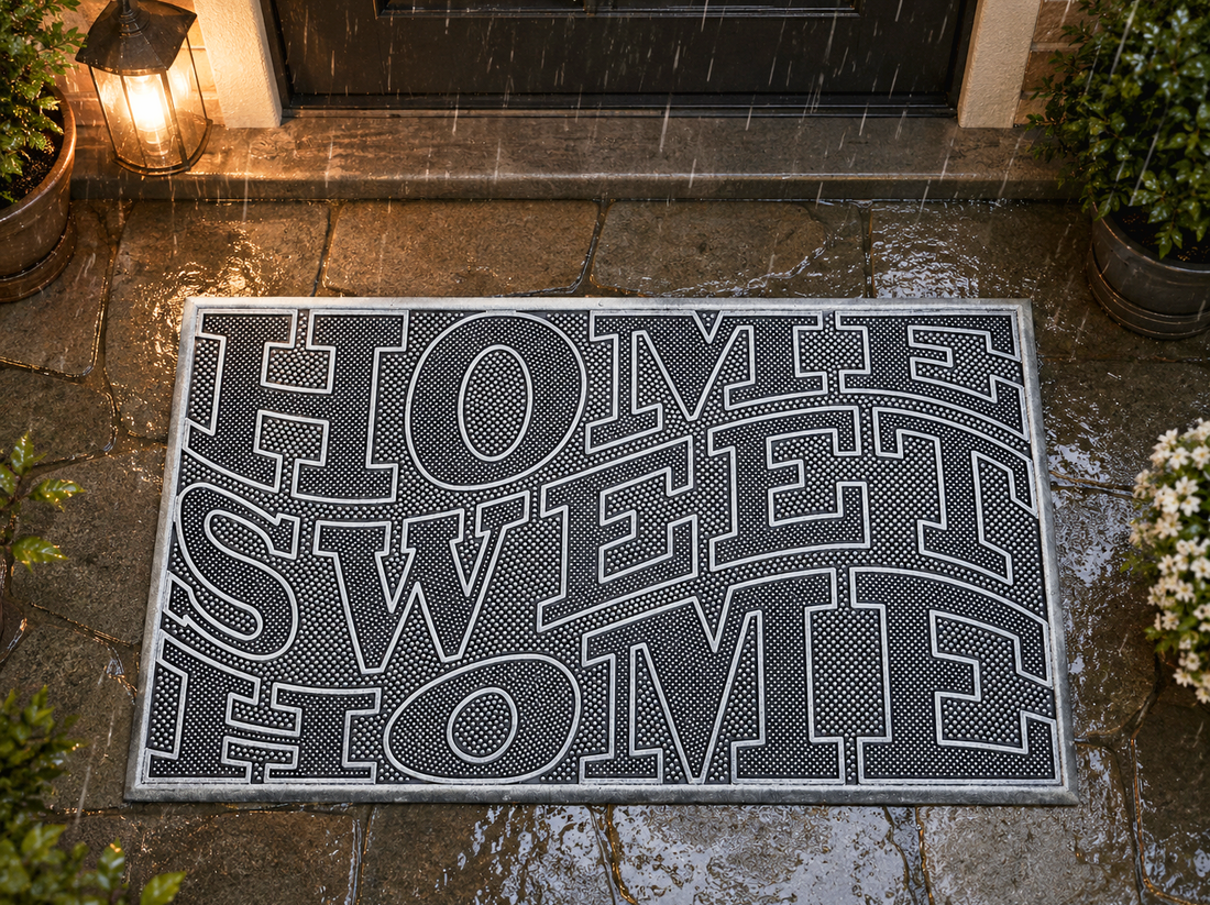 Decorative doormat with 'Home Sweet Home' text on a stone porch.