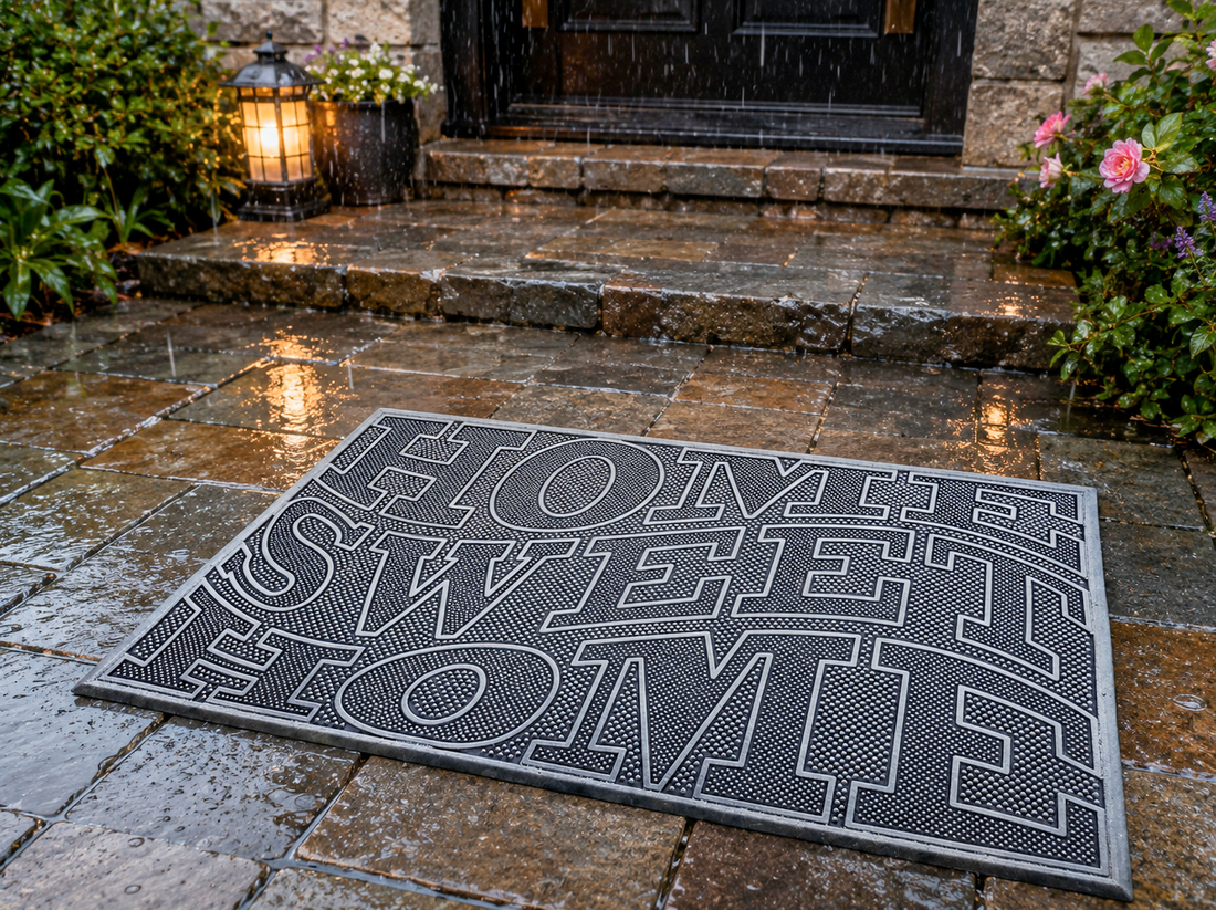 
                      
                        Doormat with 'Home Sweet Home' text on a wet stone patio
                      
                    