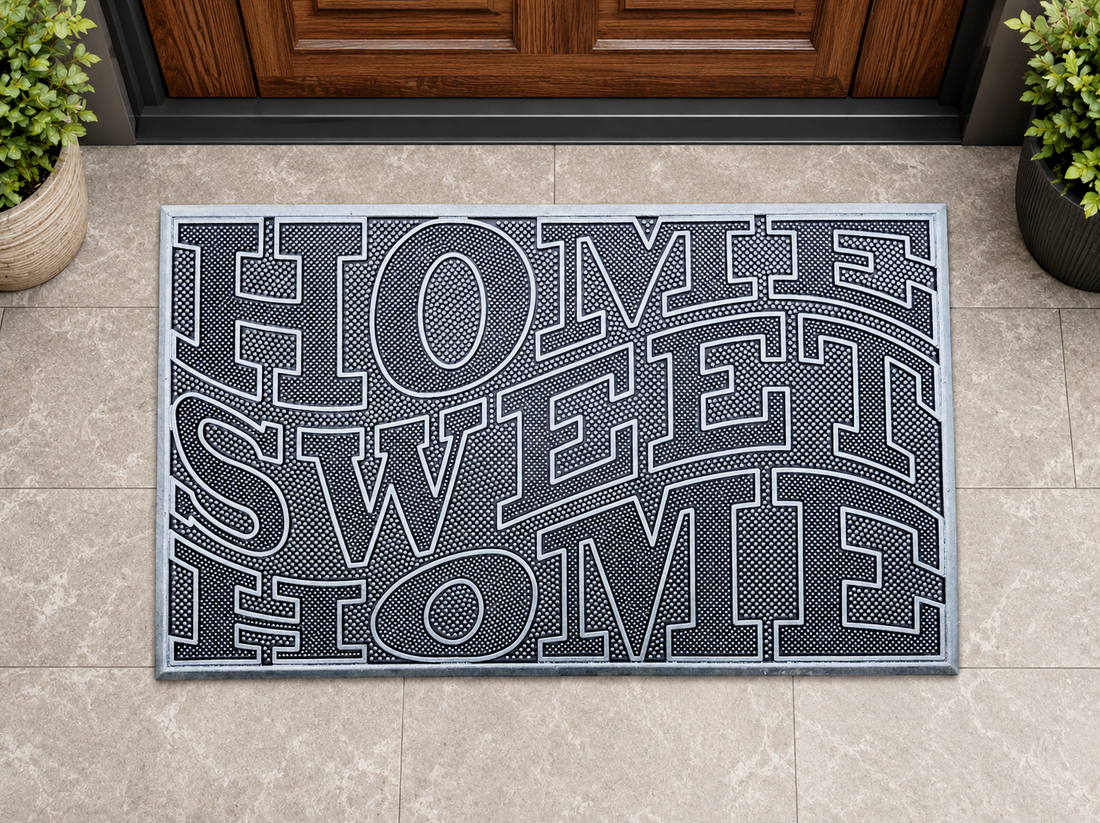
                      
                        Decorative doormat with 'Home Sweet Home' text on a tiled floor.
                      
                    
