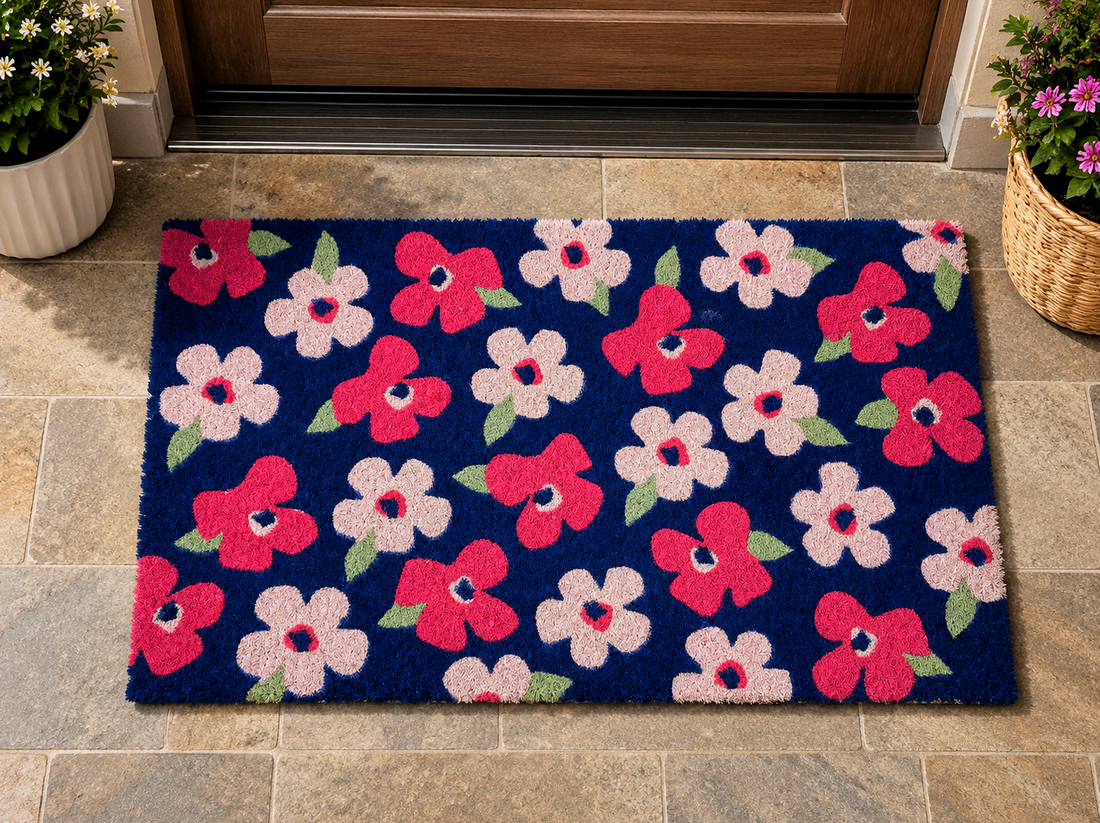 
                      
                        Floral patterned doormat on a tiled floor
                      
                    