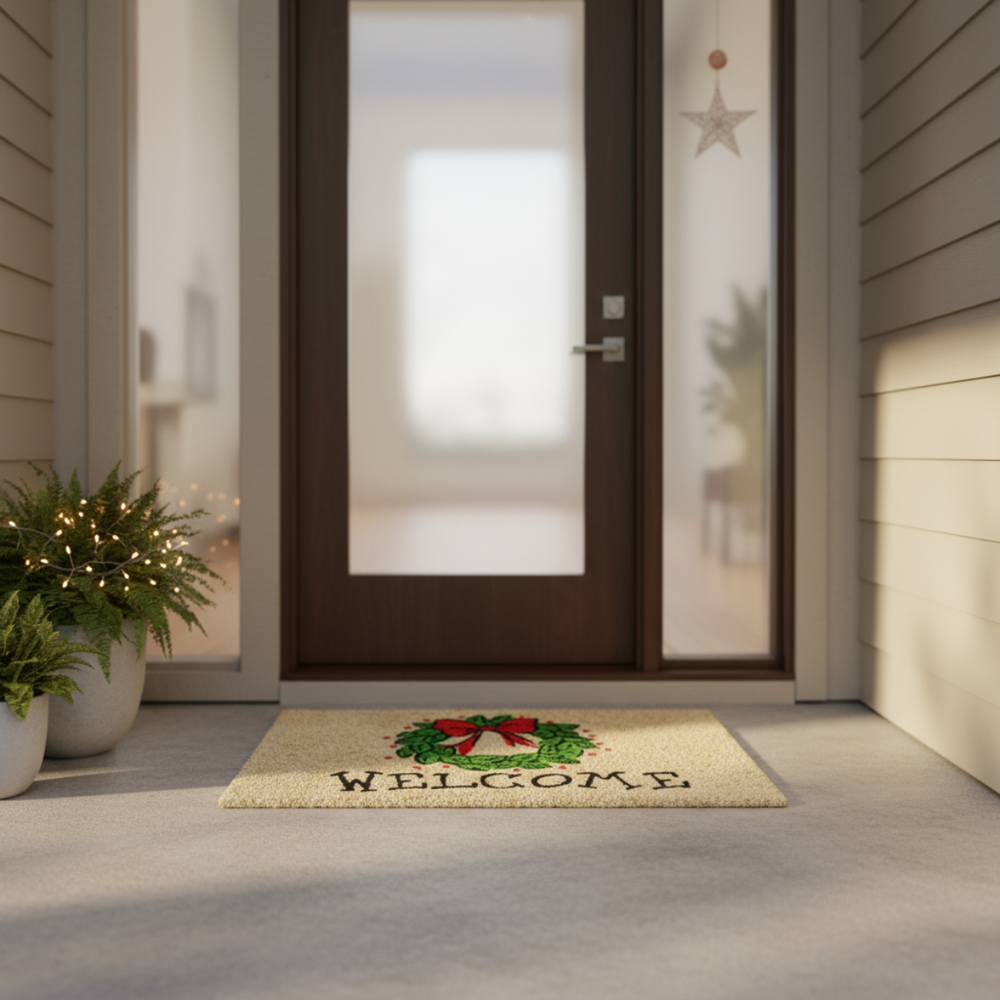Front door with a 'Welcome' mat and decorative plants on a porch.
