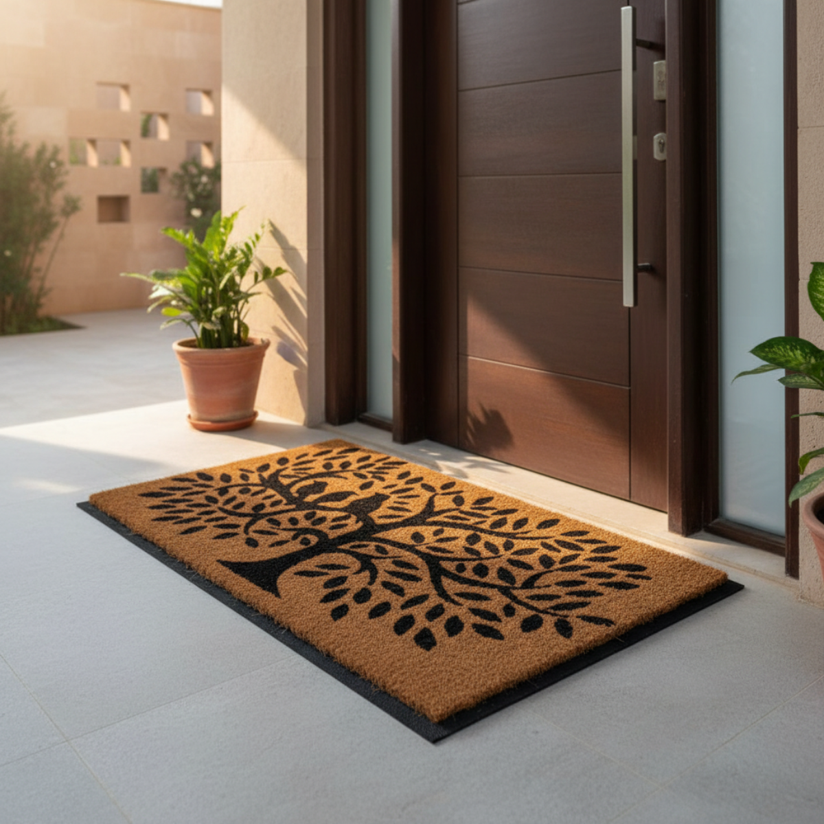 Coir doormat with tree design in front of a modern door