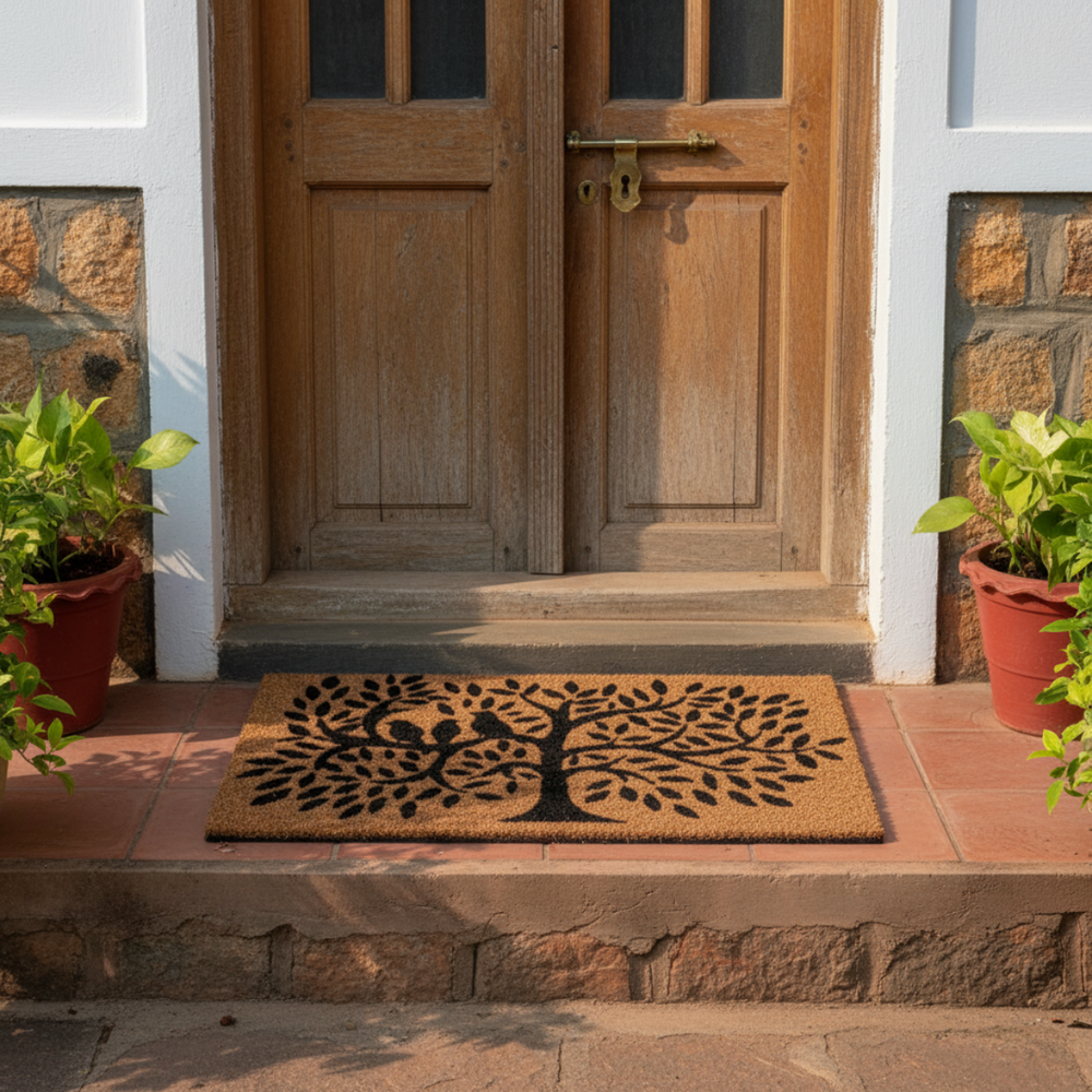 Wooden door with decorative coir doormat featuring a tree design on a stone porch.