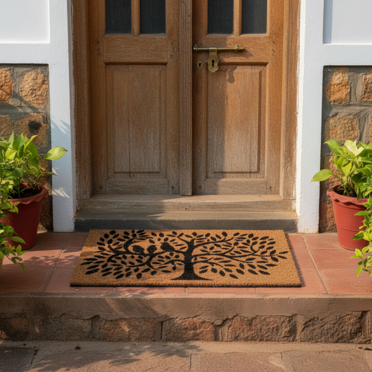 Wooden door with decorative coir doormat featuring a tree design on a stone porch.
