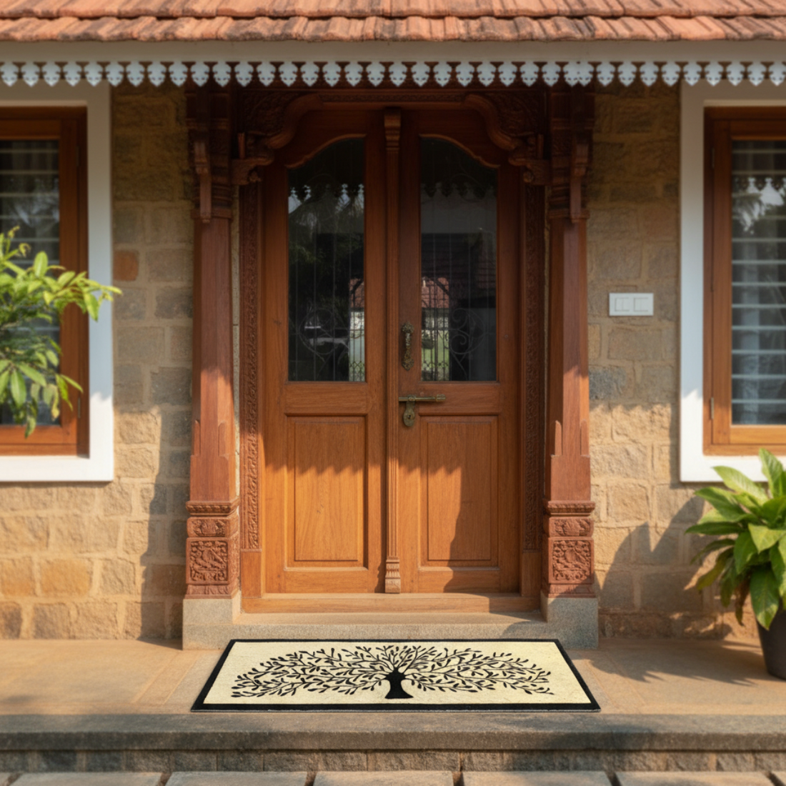 
                      
                        Wooden door with decorative carvings on a stone building facade.
                      
                    