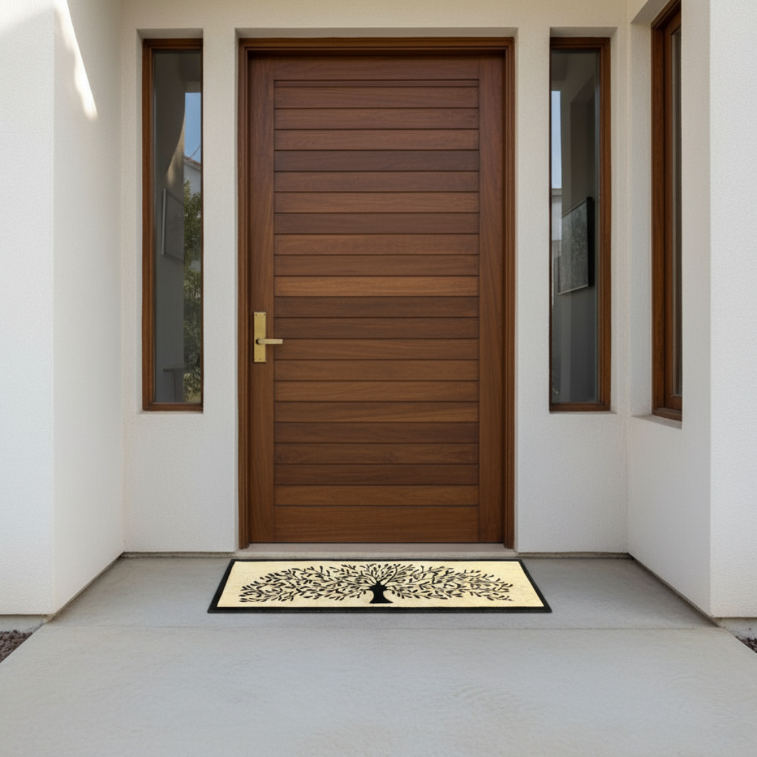 
                      
                        Wooden front door of a house with a decorative doormat featuring a tree design.
                      
                    