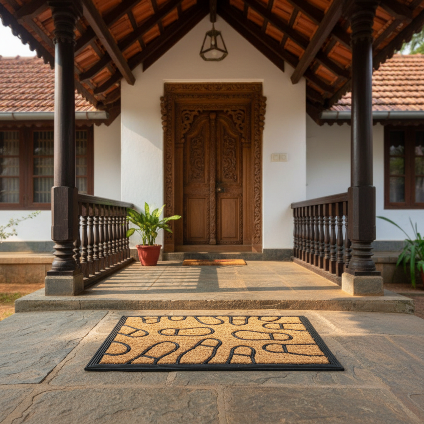 Traditional wooden door with decorative carvings on a stone patio, featuring a coir doormat.