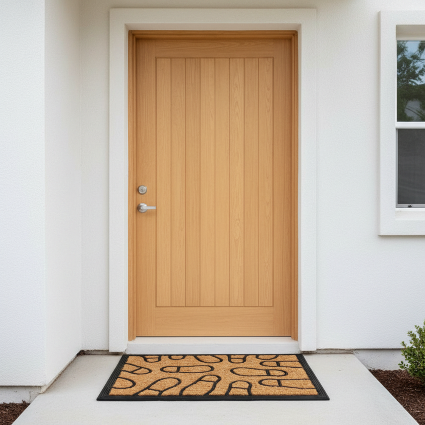 Wooden door with a coir doormat on a white wall background