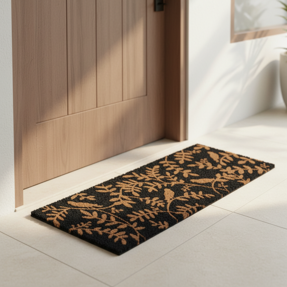 Decorative coir doormat with leaf pattern on a light wooden floor.