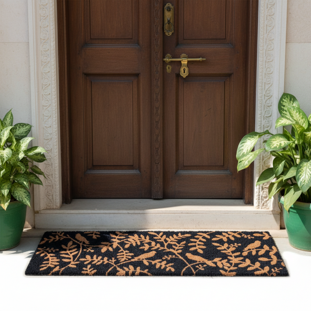 Decorative coir doormat with floral pattern in front of a wooden door with plants on either side.
